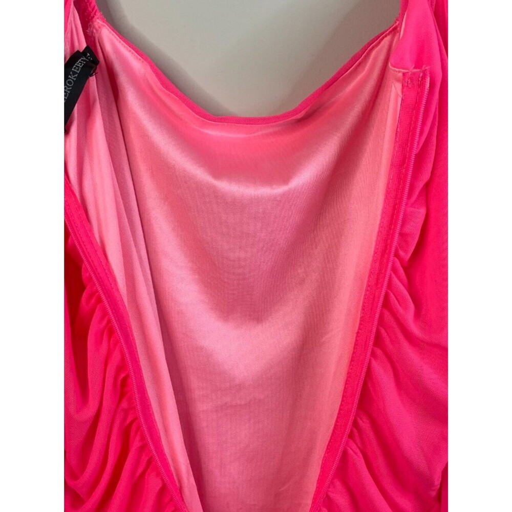 MEROKEETY Hot Pink Long Sleeve Square Neck Mesh Bodycon Midi Dress Size M 8-10 - Picture 14 of 15